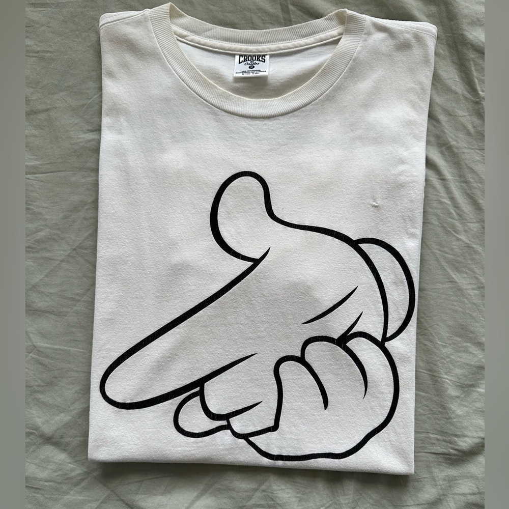Crooks & Castles White Tee with Cartoon Hand Graphic
